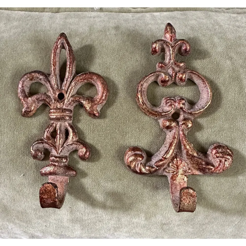 Vintage Wall Hooks, French style Decor gold metal ornate set of 2, 5x3”